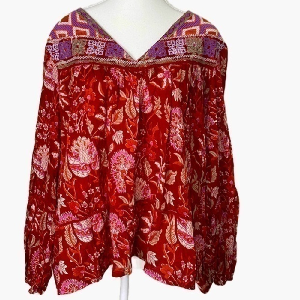 Rachel Zoe Red Floral Embroidered Peasant Blouse